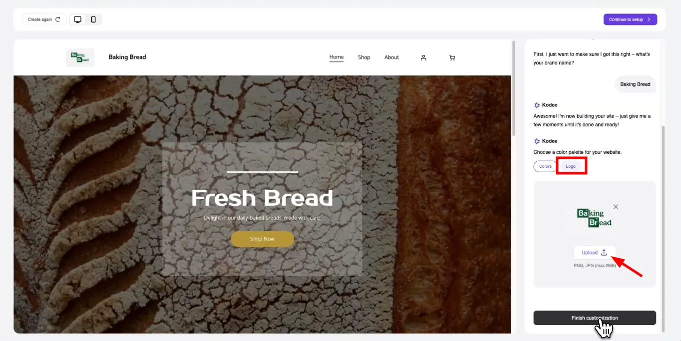 网站设置面板中的 Baking Bread Logo 上传按钮