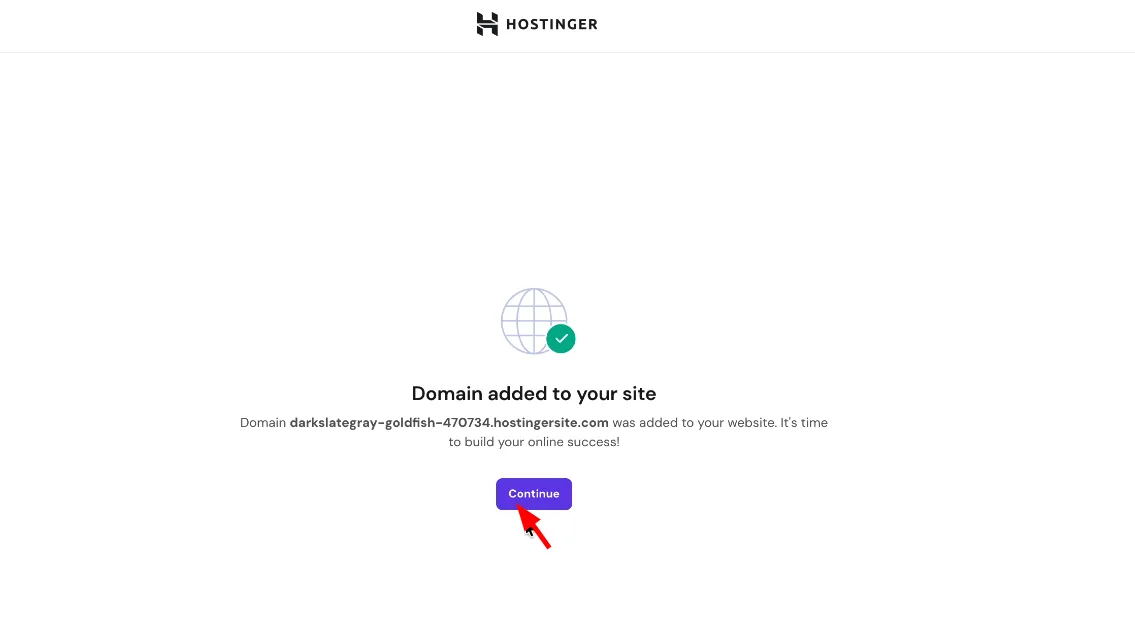 Hostinger 域名添加成功确认界面，红色箭头突出显示 Continue 按钮