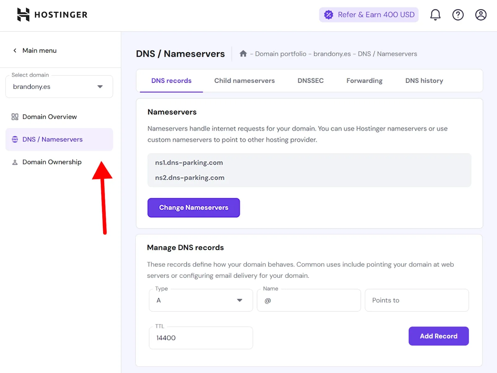 Hostinger domain DNS/Nameservers page with the DNS / Nameservers menu item highlighted