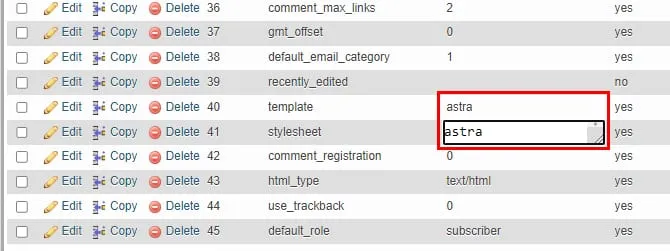 Hostinger phpMyAdmin 中显示 WordPress 主题字段 template 和 stylesheet 已设置为 astra