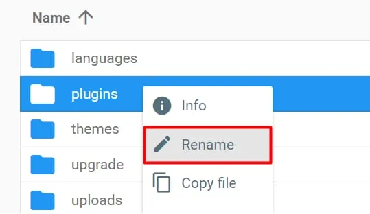 WordPress 文件管理器显示已选中的 Plugins 文件夹以及高亮的 Rename 选项