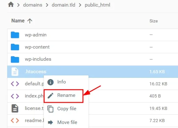 Hostinger 文件管理器，已选中 .htaccess 并高亮显示重命名选项