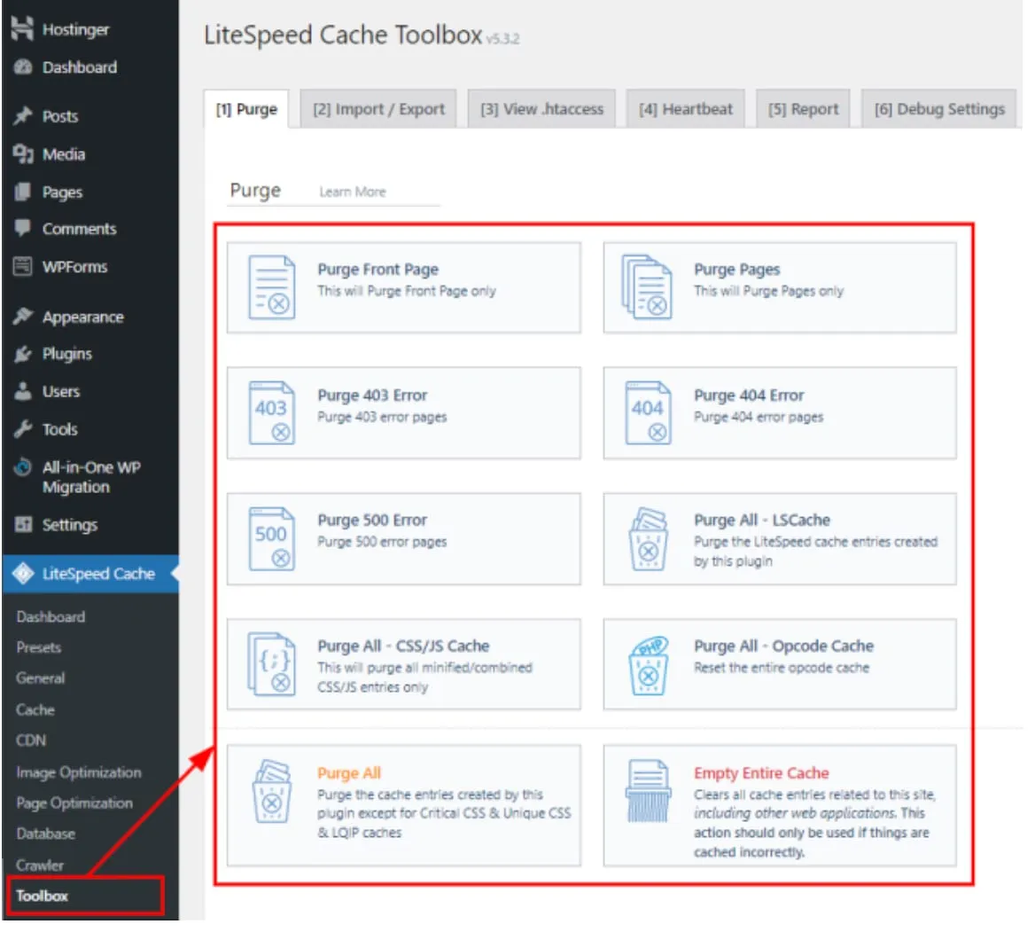 Hostinger 中的 LiteSpeed Cache Toolbox(工具箱),突出显示 Toolbox(工具箱)菜单和清除全部(Purge All)选项