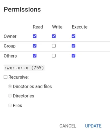 Permissions dialog showing owner, group, and others read/write/execute checkboxes set to 755