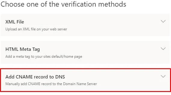 Bing Search Console 验证方式界面，“将 CNAME 记录添加到 DNS”选项已高亮显示