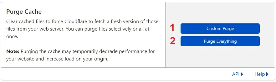 Cloudflare Purge Cache 页面,突出显示 Purge Everything 按钮