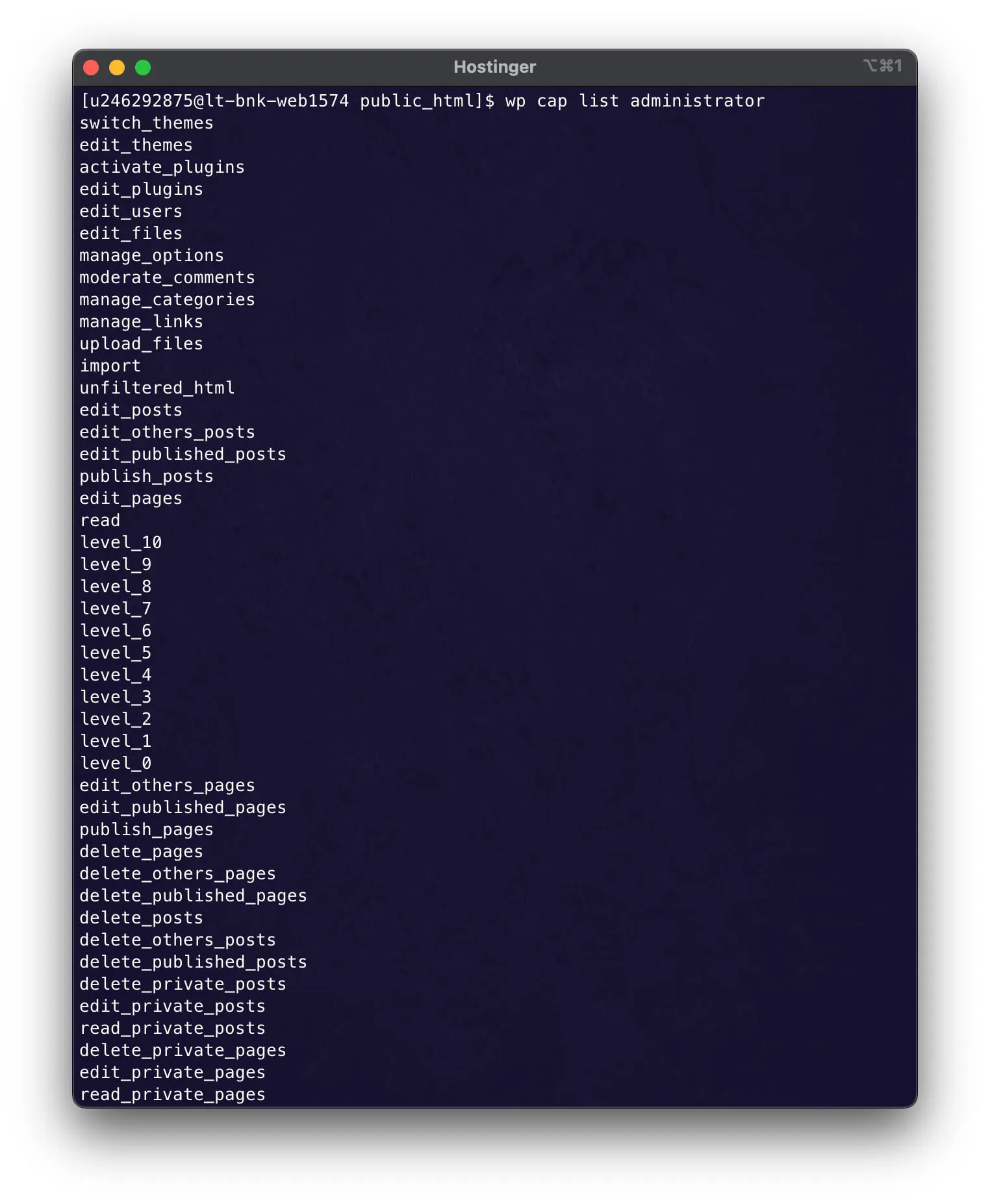 Hostinger 终端显示 wp cap list administrator 命令输出的 WordPress 管理员权限