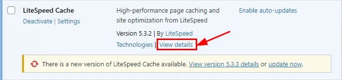WordPress LiteSpeed Cache 插件,其中“查看详情”链接已高亮显示