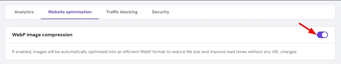 Hostinger CDN WebP image compression toggle enabled on website optimisation tab