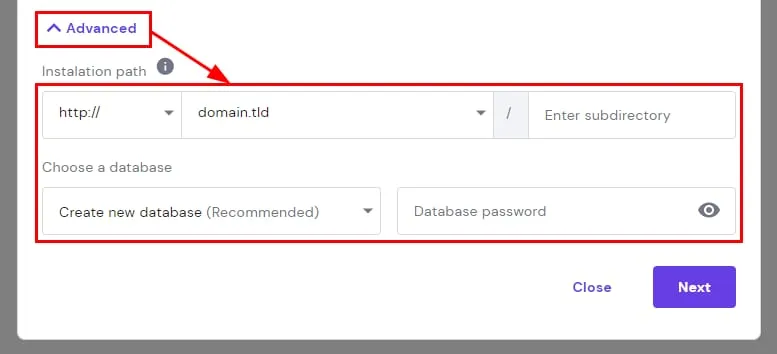 Hostinger 自动安装程序高级设置，可配置安装路径和数据库密码