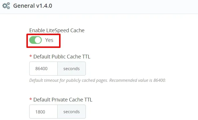 PrestaShop 常规设置中的 LiteSpeed Cache 启用开关