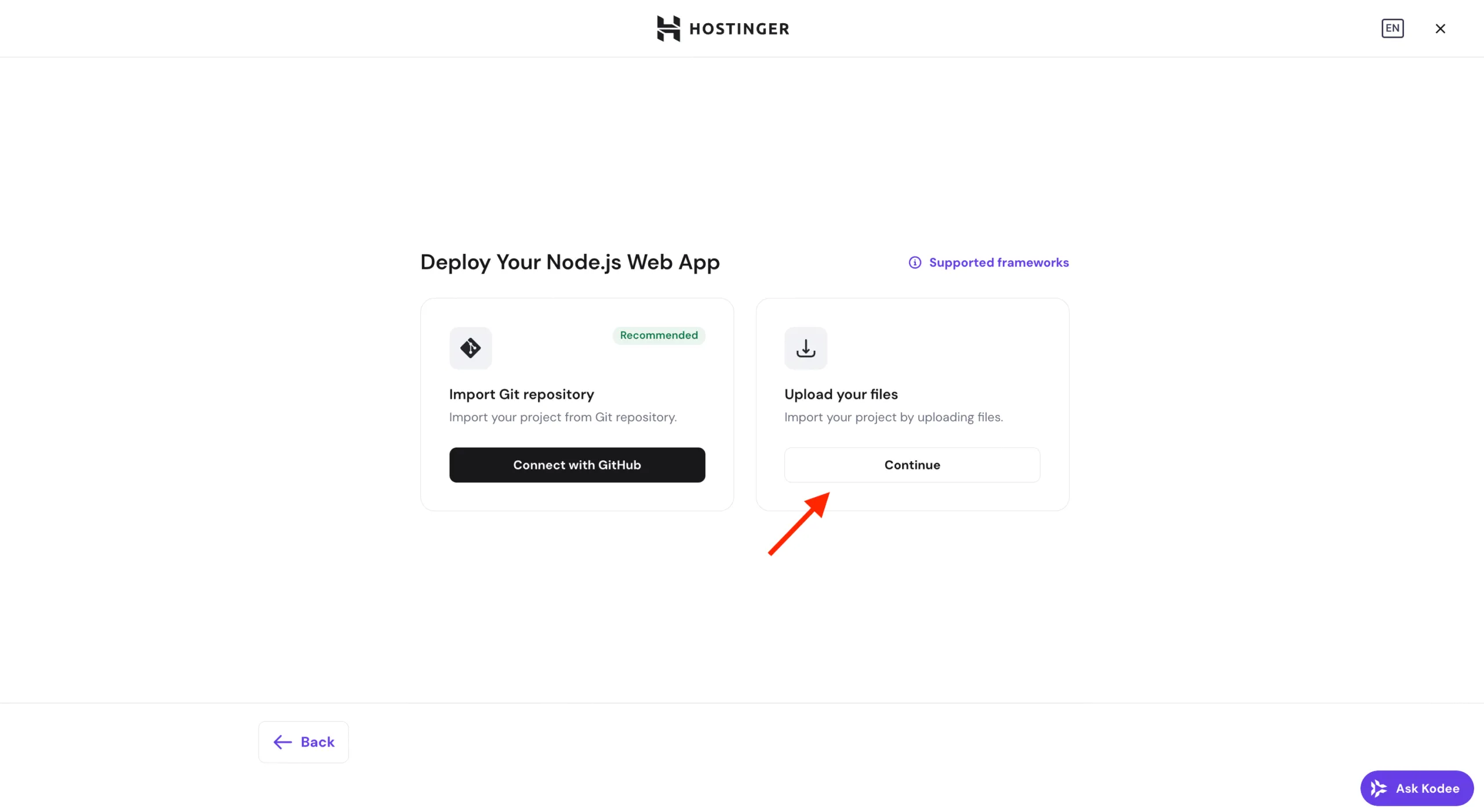 Hostinger Node.js 部署页面，Upload your files 的 Continue 按钮已高亮显示