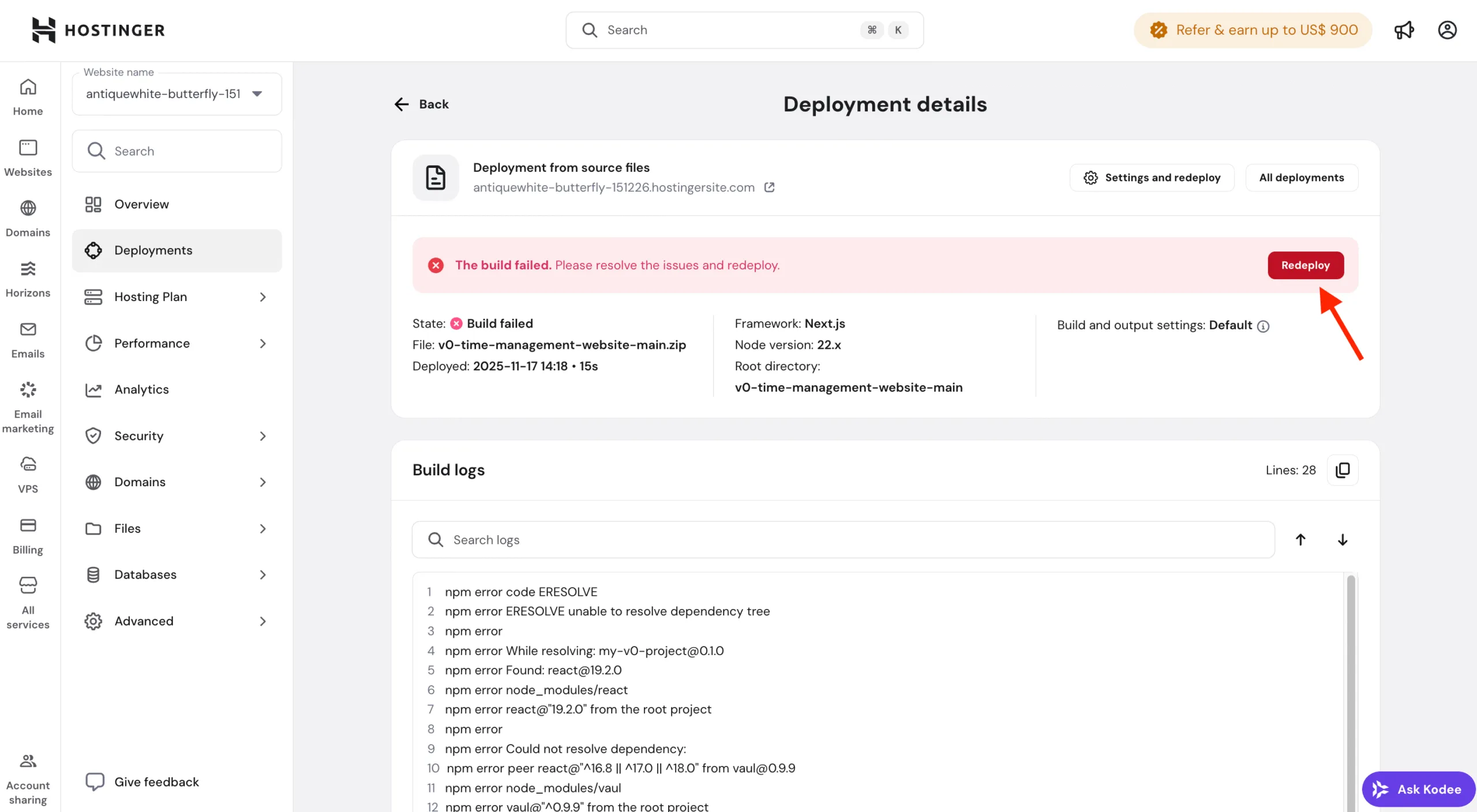 Hostinger 部署详情页面显示失败的构建,并高亮显示 Redeploy 按钮