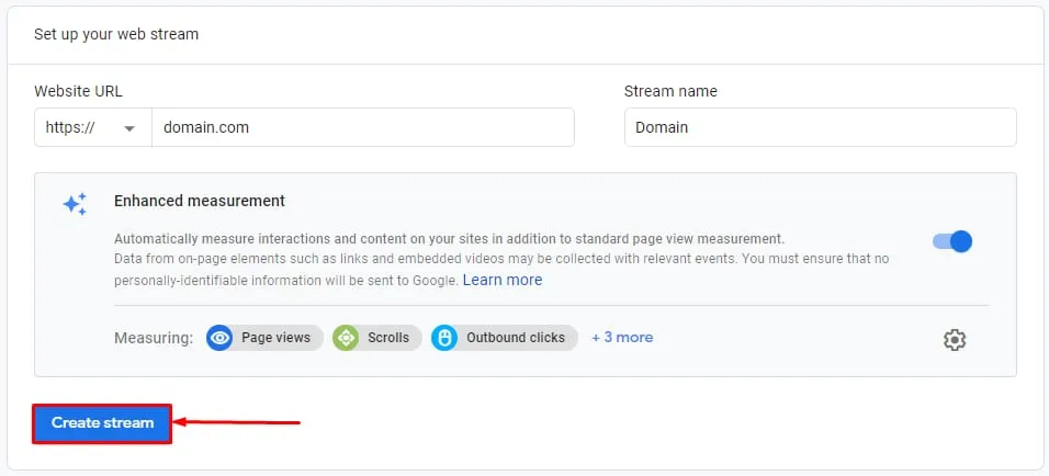 Google Analytics 网站数据流设置，突出显示 Create stream 按钮