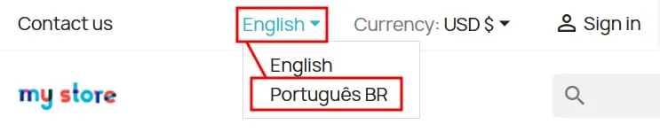 PrestaShop 语言下拉菜单已展开,高亮显示 Português BR 选项