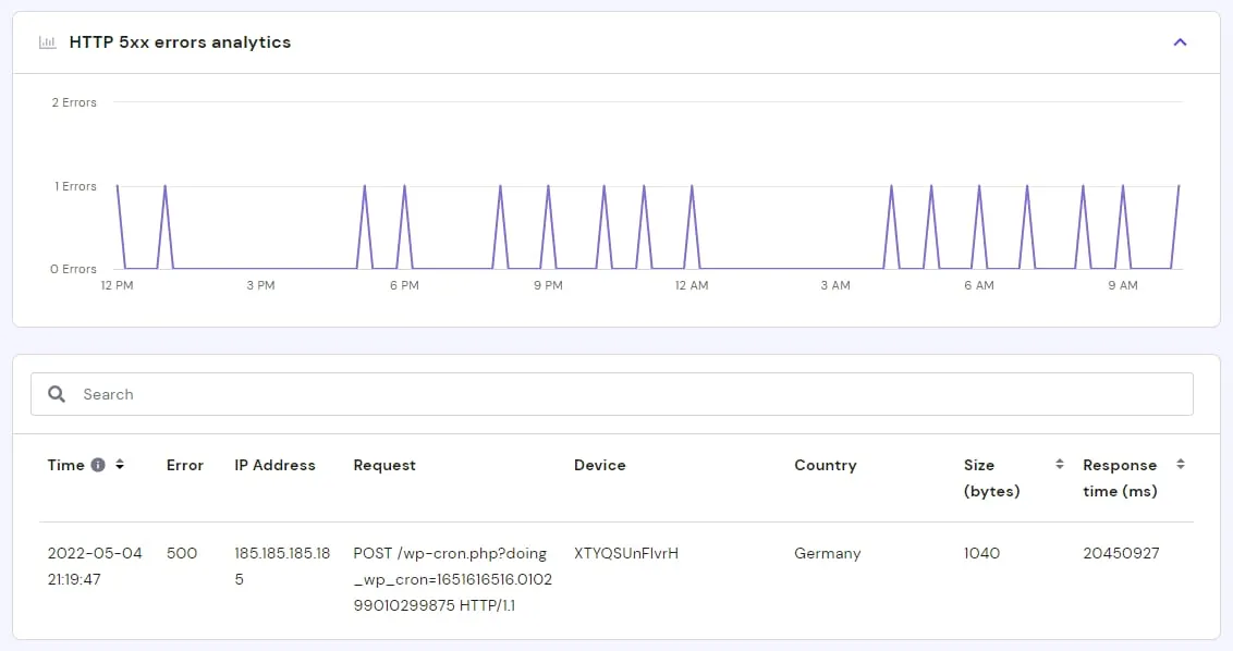 hPanel 数据分析部分的 HTTP 5xx 错误分析图表和错误日志表格