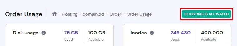Hostinger 订单使用(Order usage)页面,右上角的 Boosting is activated 标记已高亮显示