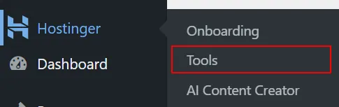 Hostinger dashboard onboarding menu with Tools highlighted