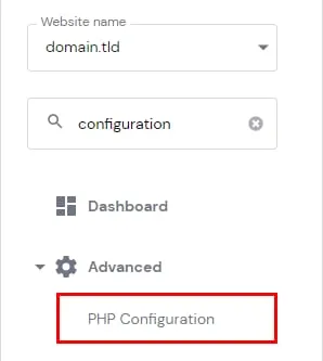 Hostinger hPanel 面板菜单,Advanced 下方的 PHP Configuration 已高亮显示