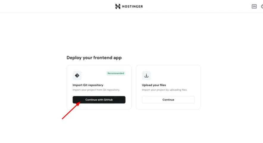Hostinger 前端应用部署界面，Continue with GitHub 按钮被高亮显示