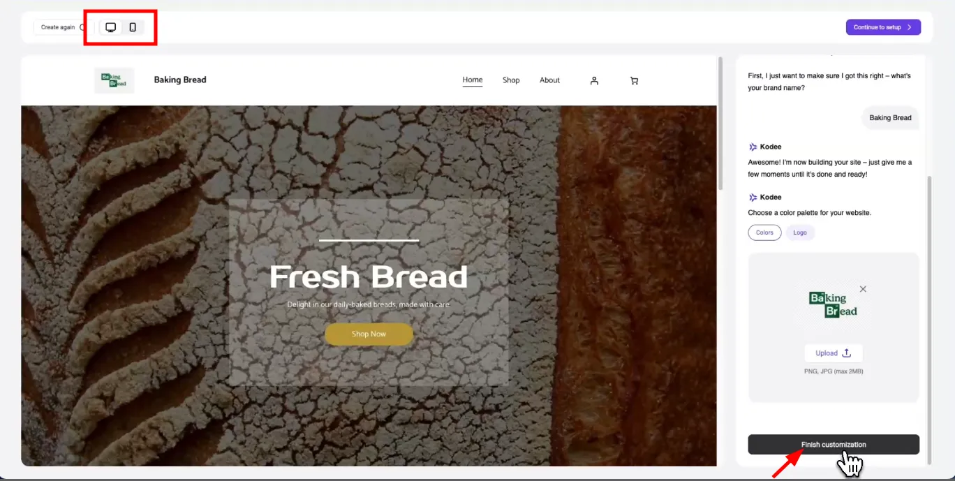 Baking Bread 网站设置屏幕,高亮显示 Finish customization 按钮