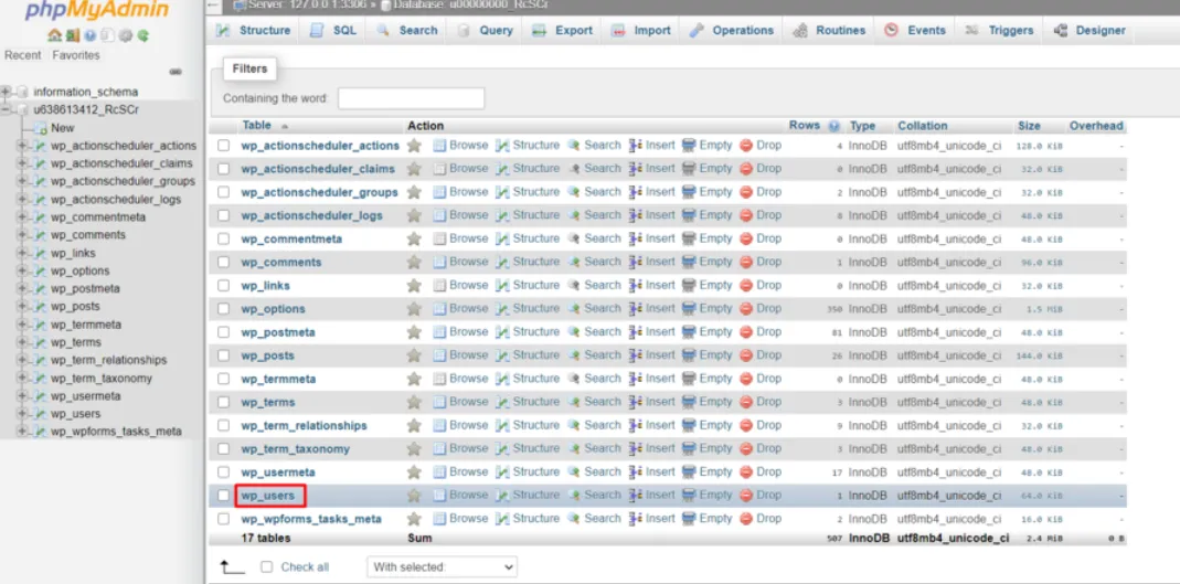 phpMyAdmin 数据库表视图，突出显示 wp_users 表