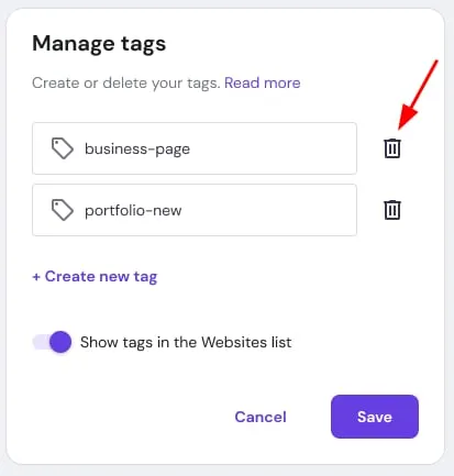 Manage tags(管理标签)对话框,business-page 的删除图标已高亮显示