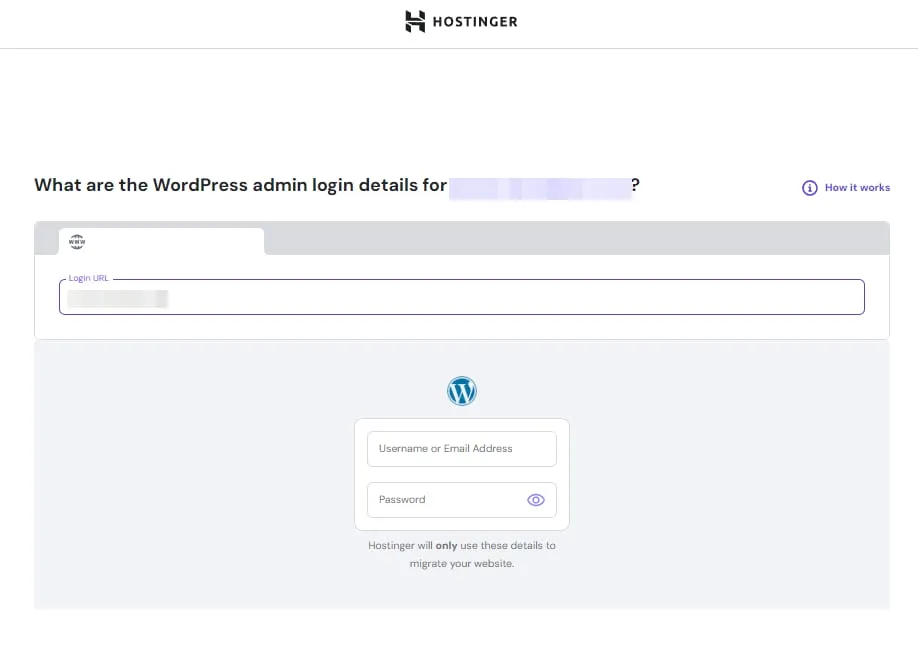 WordPress 迁移表单，要求填写管理员登录信息和登录 URL