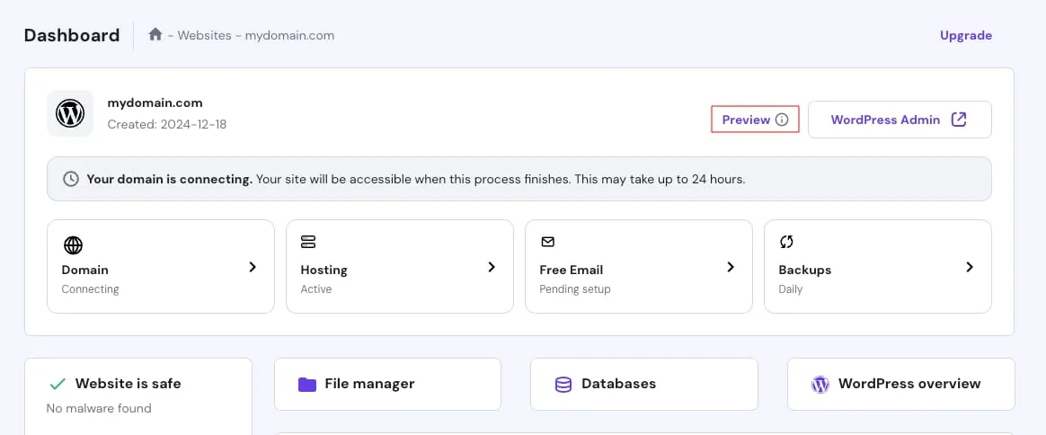 Hostinger WordPress 控制面板,突出显示“预览”按钮