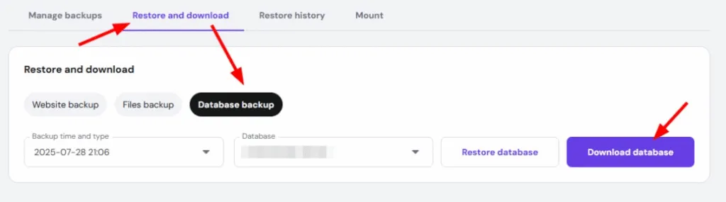 Hostinger 备份还原页面,Database 备份选项卡和 Download database 按钮已高亮显示