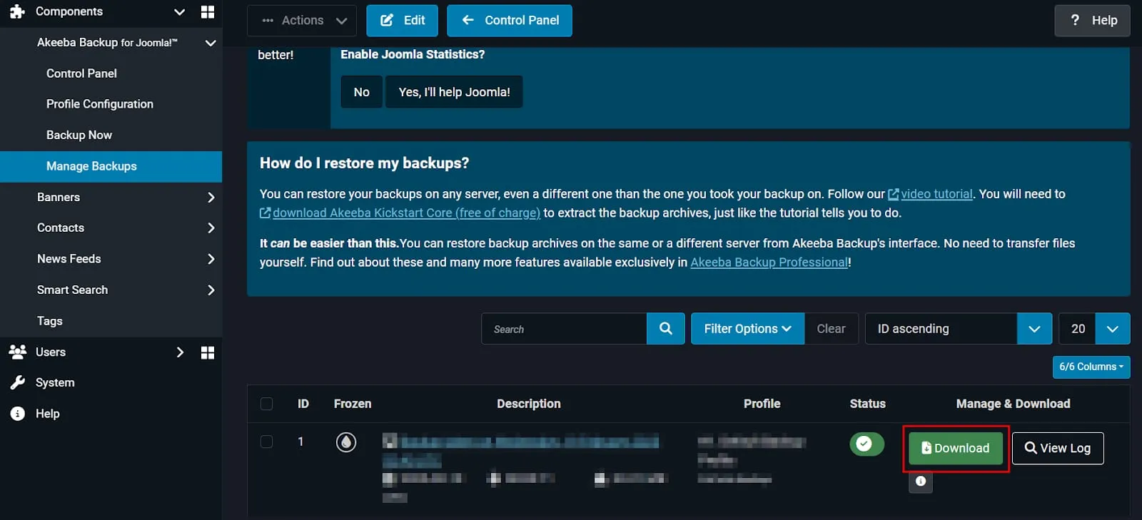 Akeeba Backup for Joomla:Manage Backups 表格中高亮显示的 Download 按钮
