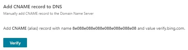 Bing Search Console CNAME 记录验证界面，Verify 按钮已高亮显示
