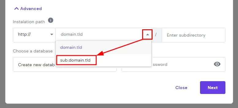 Hostinger WordPress 安装器显示安装路径下拉菜单,已选择 sub.domain.tld