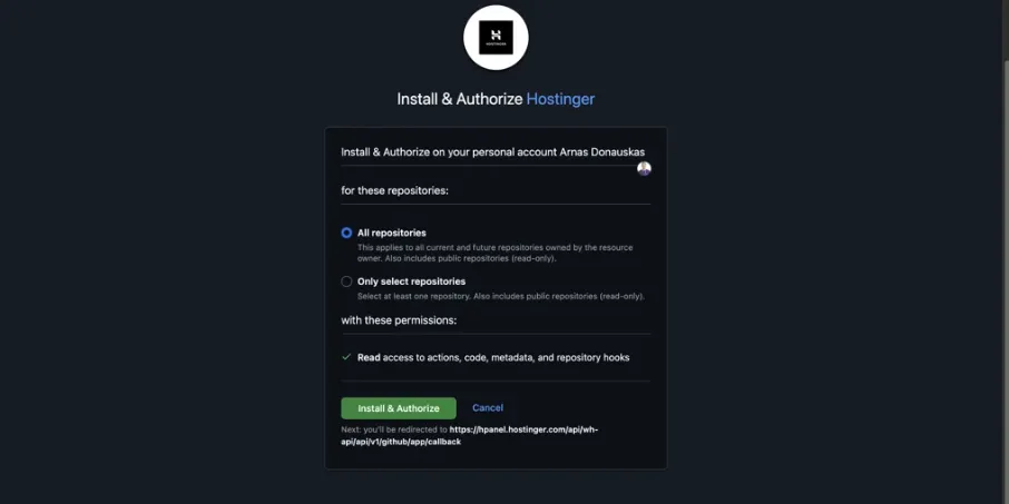 Hostinger GitHub 应用安装对话框，已选择 All repositories