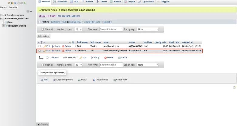 phpMyAdmin 中 restaurant_workers 表的行已选中,显示主机记录(host record)