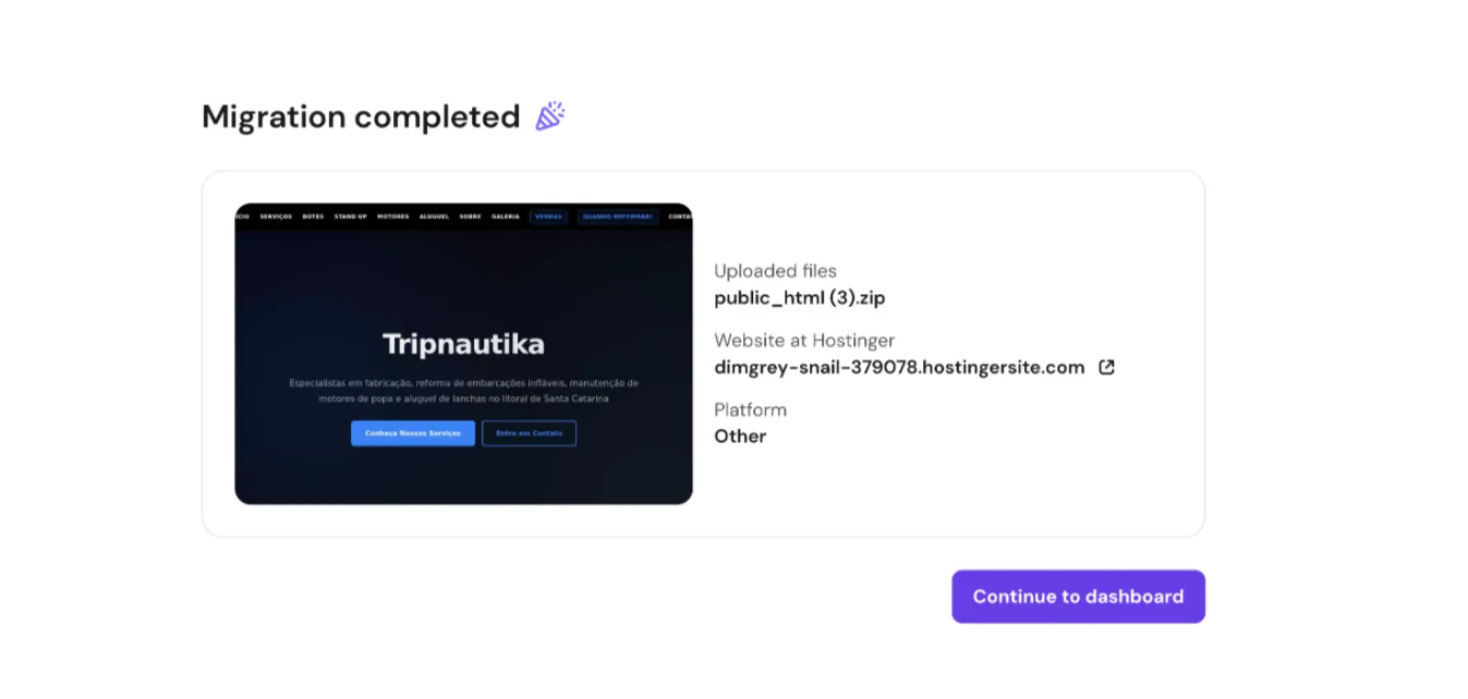 Tripnautica 网站的 Hostinger 迁移已完成，带有“继续前往控制面板”按钮