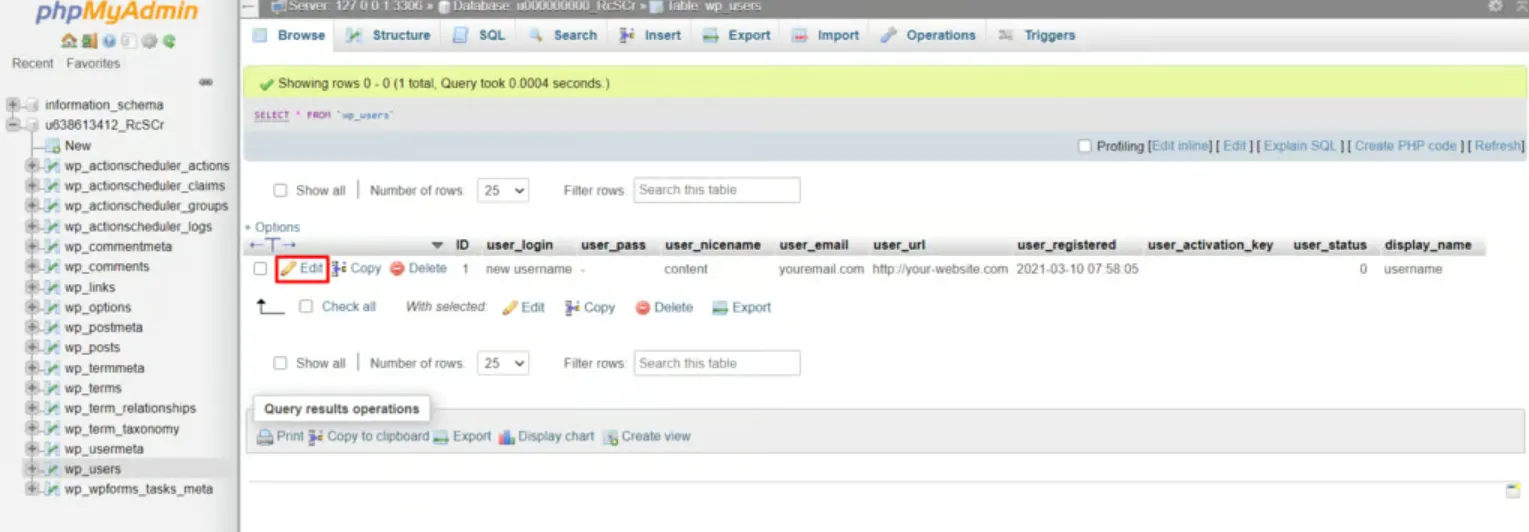phpMyAdmin wp_users 表，突出显示某用户行的 Edit 按钮