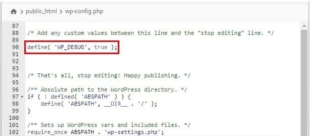 Hostinger 文件编辑器，显示 wp-config.php 中高亮的 define('WP_DEBUG', true);