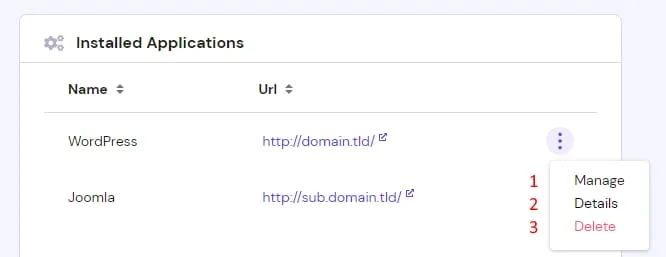Hostinger 已安装应用程序列表,WordPress 应用的三点菜单已打开,显示 Manage(管理)、Details(详情)和 Delete(删除)