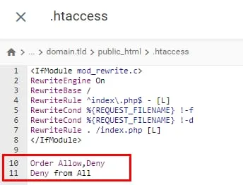 Hostinger 的 .htaccess 编辑器，高亮显示 Deny from All 代码