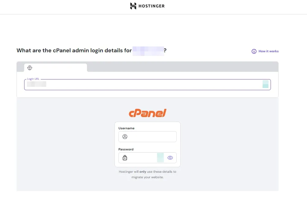 Hostinger 迁移表单，显示用于网站访问的 cPanel 登录信息字段