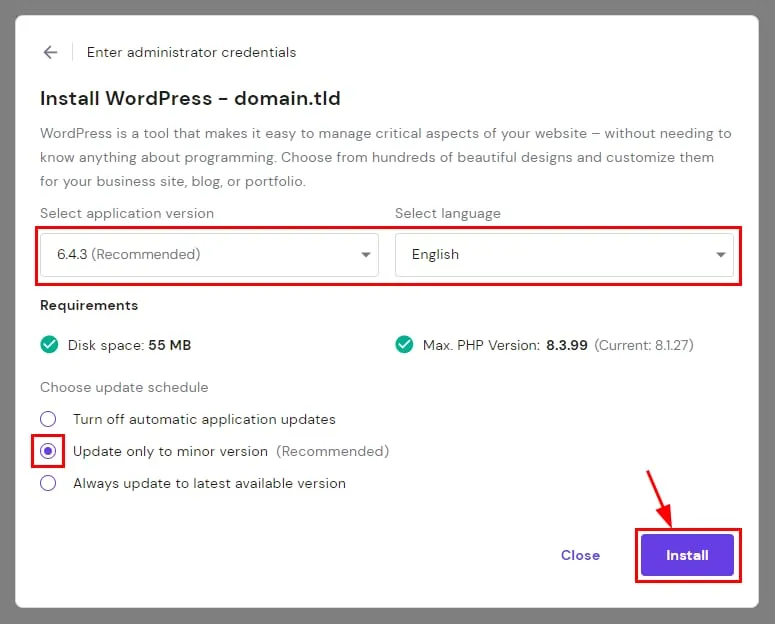 Hostinger WordPress 安装窗口,版本、语言、更新选项和 Install 按钮已高亮显示