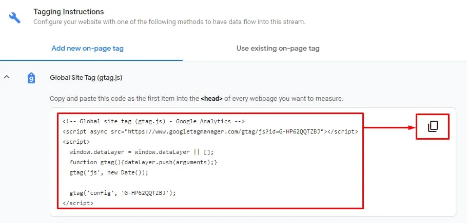 Google Analytics 全局网站标签代码片段，突出显示复制图标