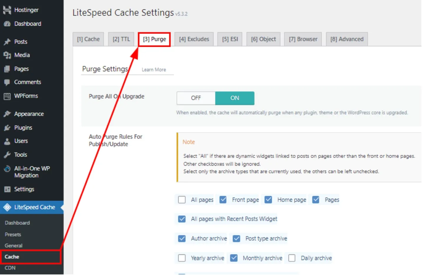 WordPress 中的 LiteSpeed Cache 设置,突出显示 Purge(清除)标签页和 Cache 菜单