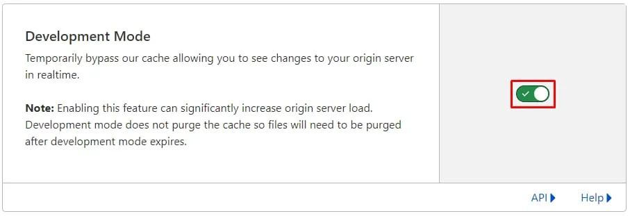 Cloudflare 开发模式开关已高亮开启