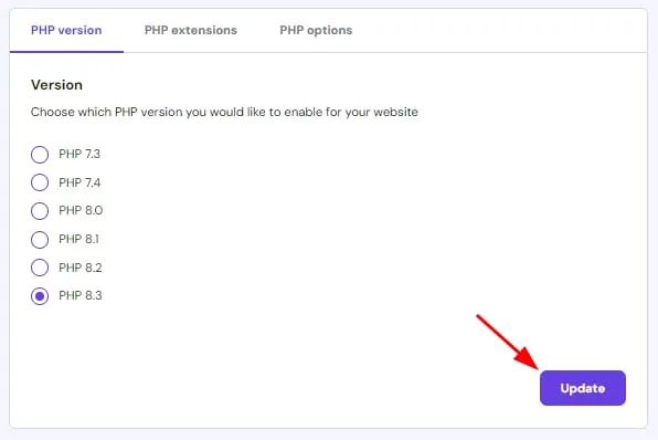 PHP 版本设置,右下角的 Update 按钮已高亮显示