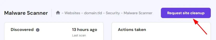 Hostinger Malware Scanner page with the Request site cleanup button highlighted