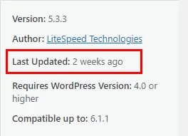 WordPress 插件详情页面,其中“最后更新:2 周前”已用红色高亮显示