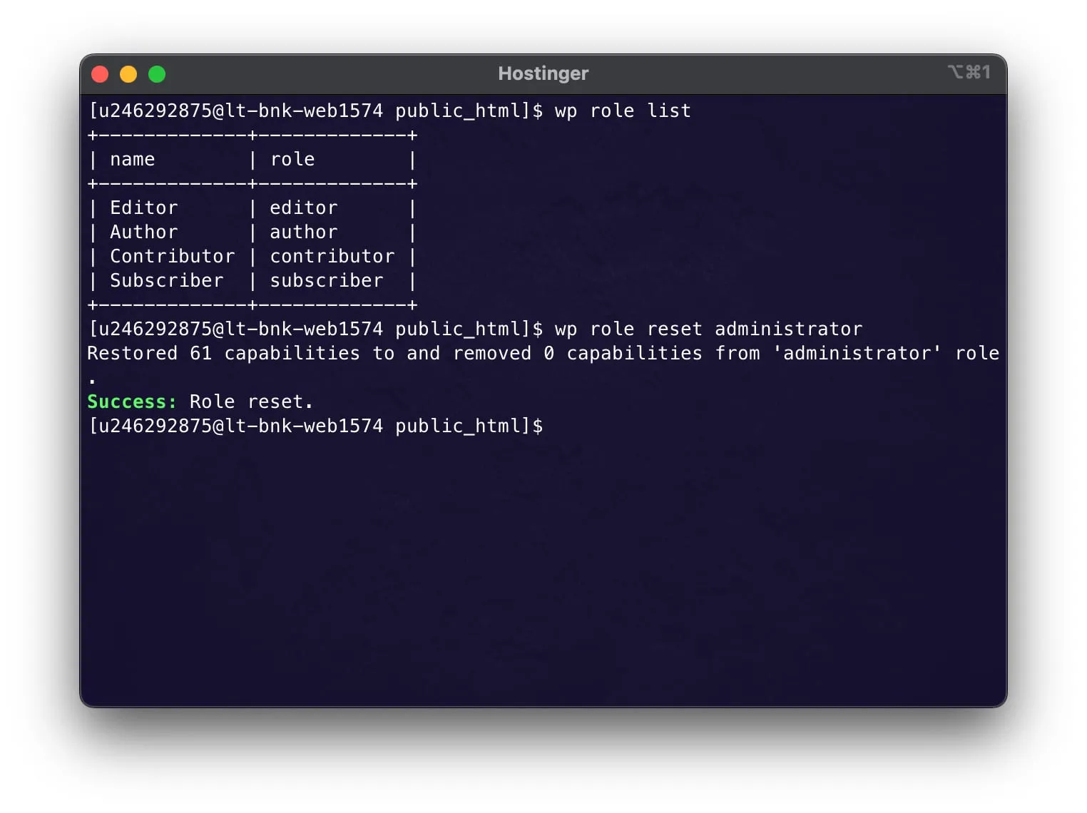 Hostinger 终端显示 wp role reset administrator 成功消息