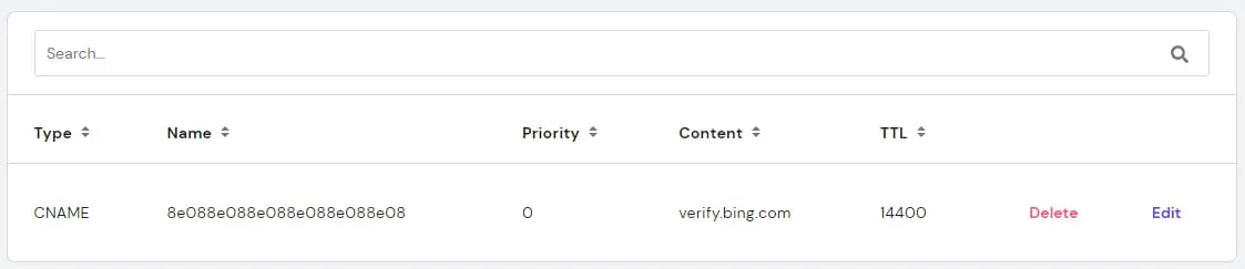Hostinger DNS 区域，Bing 验证 CNAME 记录已高亮显示